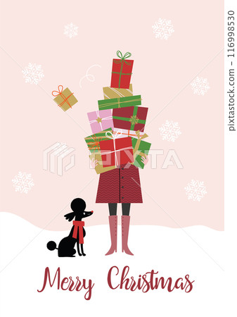 Christmas card design with a woman holding lots of presents and a poodle 116998530