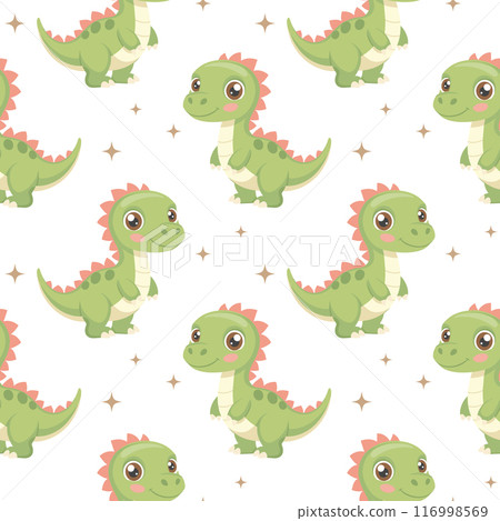 Cute dinosaurs seamless pattern. Background with dinosaurs and tropical leaves. Scandinavian design for baby clothes, shirts, fabrics, textiles. 116998569
