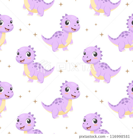 Cute dinosaurs seamless pattern. Background with dinosaurs and tropical leaves. Scandinavian design for baby clothes, shirts, fabrics, textiles. 116998581
