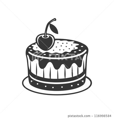 Cherry cake on white background, engraving, silhouette. Black and white illustration of dessert, pastry, food icon Cherry cake on white background, engraving, silhouette. Black and white illustration of dessert, pastry, food icon 116998584
