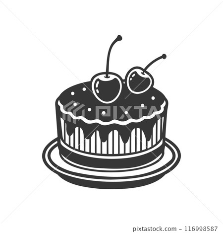 Cherry cake on white background, engraving, silhouette. Black and white illustration of dessert, pastry, food icon Cherry cake on white background, engraving, silhouette. Black and white illustration of dessert, pastry, food icon 116998587