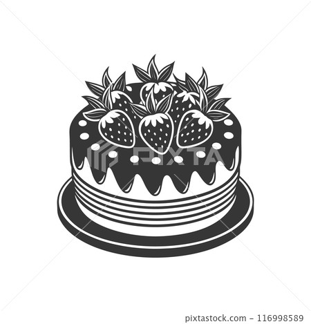 Strawberry cake on white background, engraving, silhouette. Black and white illustration of dessert, pastry, food icon Strawberry cake on white background, engraving, silhouette. Black and white illustration of dessert, pastry, food icon 116998589