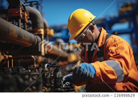 Marine Hydrocarbon Facility Maintenance Specialist in Safety Attire Performs Conditioning Tasks on a Sunny Day with Copy Space. created with Generative AI 116998629