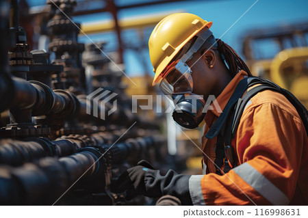 Marine Hydrocarbon Facility Maintenance Specialist in Safety Attire Performs Conditioning Tasks on a Sunny Day with Copy Space. created with Generative AI 116998631