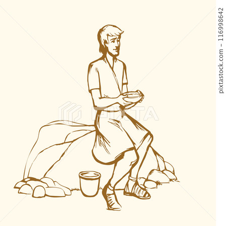 Vector drawing. An ancient man sits on a stone with a bowl 116998642
