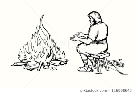 Vector drawing. Ancient man warming himself by the fire 116998643