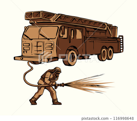 Vector drawing. Firefighter puts out the fire Vector drawing. Firefighter puts out the fire 116998648
