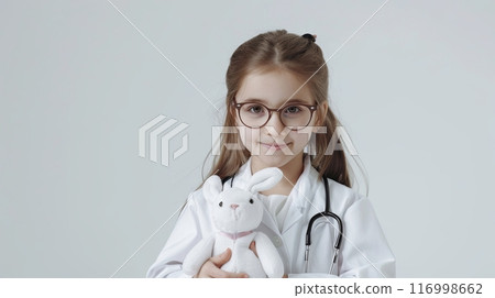 Child girl wearing glasses and a doctor's coat, holding a stuffed bunny, and smiling confidently 116998662