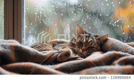 A cozy cat lounging on a soft blanket by a window with raindrops on the glass 116998664