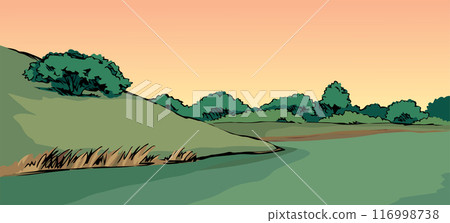 Vector drawing. Summer river scene Vector drawing. Summer river scene 116998738