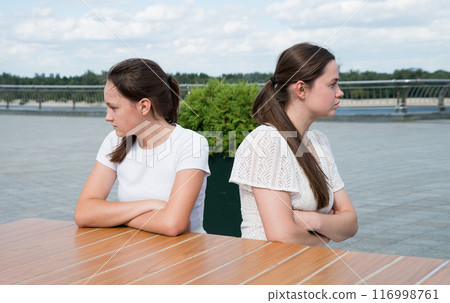 The girls look in different directions with resentment The girls look in different directions with resentment 116998761