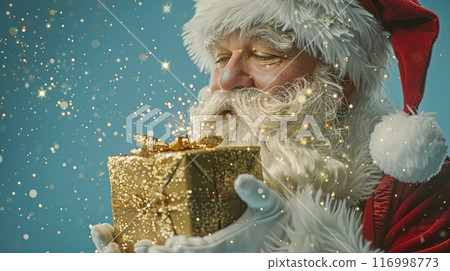 Santa Claus joyfully holding a sparkling gift box, surrounded by magical glittering lights 116998773