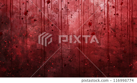 A blood-splattered wall with red drips and splatters creating a dark, eerie atmosphere 116998774
