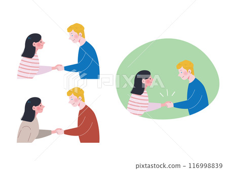 Smiling Japanese woman and Western man shaking hands 116998839