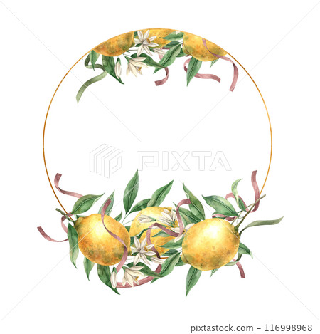 Frame of yellow lemons, green leaves, flowers and satin flax. Isolated watercolor illustration in vintage style with gold. Handmade composition for decoration of cards, wedding design, invitations. 116998968