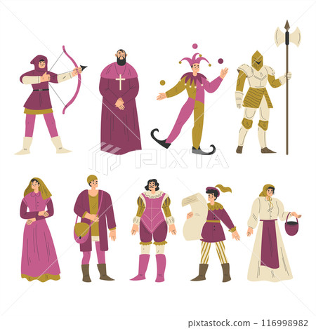 Medieval People Character in Standing Pose Wear European Costume Vector Set 116998982