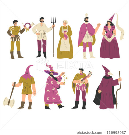 Medieval People Character in Standing Pose Wear European Costume Vector Set 116998987