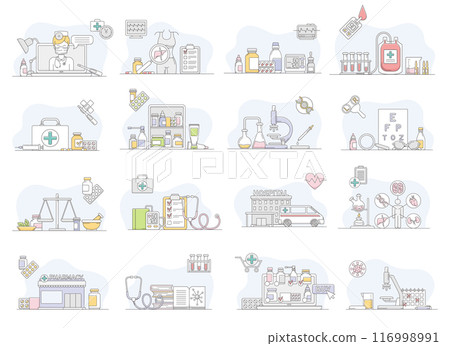 Hospital and Healthcare Line Icon and Medical Object Vector Set Hospital and Healthcare Line Icon and Medical Object Vector Set 116998991