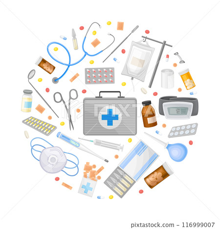 Medical Web Round Composition Design with Hospital Object Vector Template 116999007