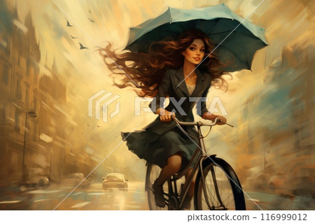 girl in a dress rides a bicycle with an umbrella girl in a dress rides a bicycle with an umbrella 116999012