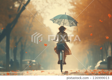 girl in a dress rides a bicycle with an umbrella 116999013
