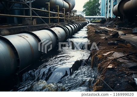 drain pipe of industrial and factory wastewater into a canal 116999020