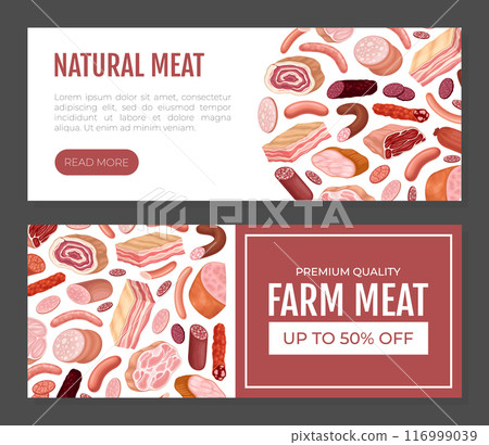 Meat Market Banner Design with Butchery Food Vector Template Meat Market Banner Design with Butchery Food Vector Template 116999039