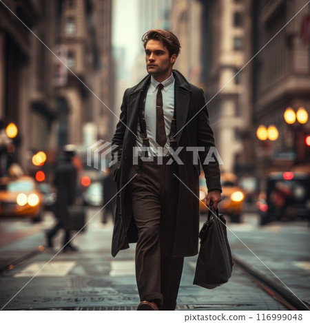 Portrait of businessman in suit with briefcase walking on sidewalk against big city Portrait of businessman in suit with briefcase walking on sidewalk against big city 116999048
