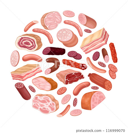 Meat Market Round Composition Design with Butchery Food Vector Template Meat Market Round Composition Design with Butchery Food Vector Template 116999070
