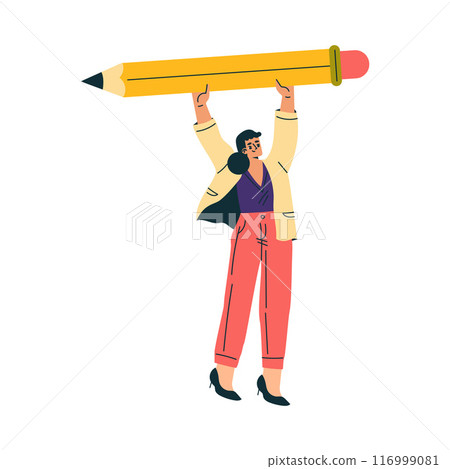 Young Woman Standing with Huge Pencil Engaged in Mathematics Calculation Vector Illustration 116999081