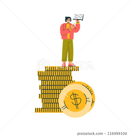 Woman Character on Golden Coins Deal with Mathematics and Finance Vector Illustration Woman Character on Golden Coins Deal with Mathematics and Finance Vector Illustration 116999108