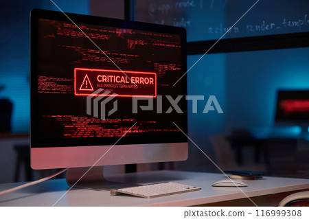 Background image of PC computer with emergency message of critical error on screen in red lights copy space Background image of PC computer with emergency message of critical error on screen in red lights copy space 116999308