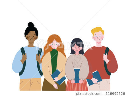Illustration of international students standing in line with their friends from overseas holding textbooks 116999326