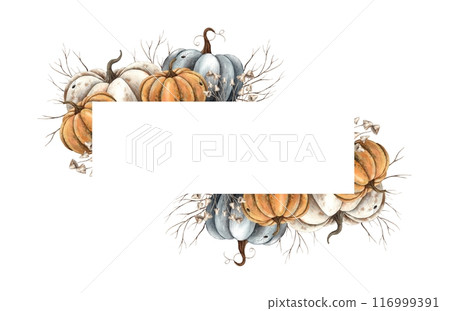 Pumpkins orange, black, white, dry branches. Hand drawn watercolor rectangular frame in autumn style. Suitable for design decoration, cards, autumn posters, Thanksgiving, Halloween, witchcraft Pumpkins orange, black, white, dry branches. Hand drawn watercolor rectangular frame in autumn style. Suitable for design decoration, cards, autumn posters, Thanksgiving, Halloween, witchcraft 116999391