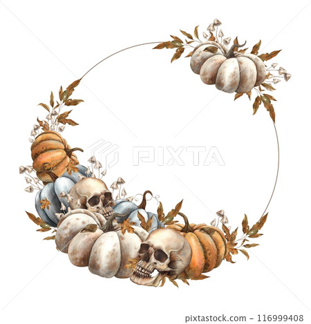 Orange, white and black pumpkin, skull, autumn leaves, mushrooms. Hand drawn watercolor round frame in gothic style. For design decoration, cards, autumn posters, Thanksgiving, Halloween, witchcraft 116999408