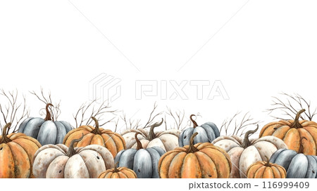 Orange, black, white pumpkins, dry branches and spiders. Hand drawn watercolor rectangular composition in mystical style. Suitable for design, cards, autumn posters, Thanksgiving, Halloween 116999409