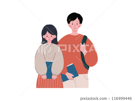男女學生拿著課本排隊的插圖 116999446