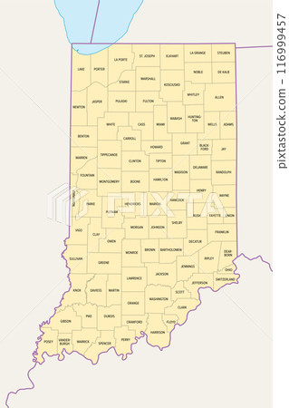 Indiana counties, political map. State in the Midwestern region of the United States, subdivided into 92 counties. Nicknamed The Hoosier State. Map with borders and county names. Illustration 116999457