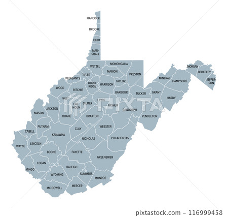 West Virginia counties, gray political map with borders and county names. Landlocked state in the Southeastern and Mid-Atlantic regions of the United States, subdivided into 55 counties. Illustration 116999458
