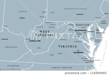 The Virginias, gray political map of Virginia with its capital Richmond and of West Virginia with capital Charleston. Two states in the Southeastern and Mid-Atlantic regions of the United States. 116999460