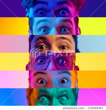 Collage made of narrow stripes of male and female eyes, people expressing shock and astonishment against multicolored background in neon light. 116999461