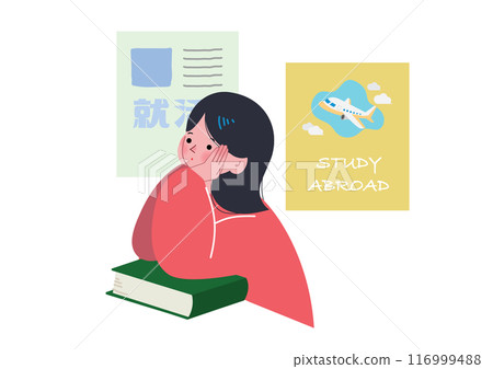 一個女孩將下巴擱在她對職業道路的擔憂上的插圖 116999488