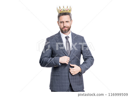 Business leader man in crown. Big boss. Business success and leadership. Successful businessman boss isolated on white. Motivation and reward. Businessman boss in suit Business leader man in crown. Big boss. Business success and leadership. Successful businessman boss isolated on white. Motivation and reward. Businessman boss in suit 116999509