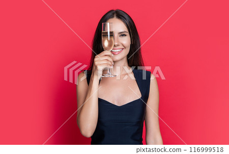 glad woman cheering and celebrate isolated on red. woman cheering and celebrate in studio 116999518