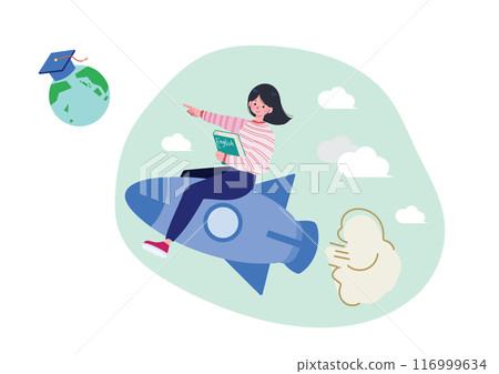 Illustration of a girl riding a rocket to study abroad 116999634