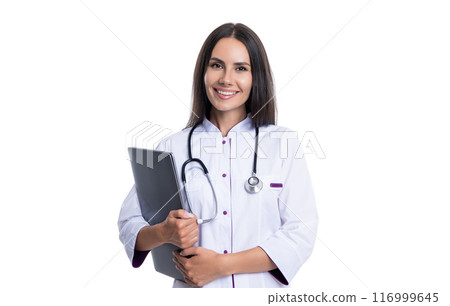 nurse with emedicine laptop in studio. photo of nurse hold laptop for emedicine wear white coat nurse with emedicine laptop in studio. photo of nurse hold laptop for emedicine wear white coat 116999645