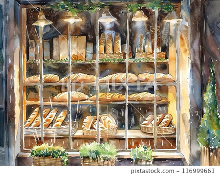 Fresh bread lies in the bakery store window, watercolor illustration art 116999661