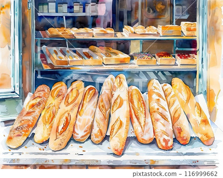 Fresh bread lies in the bakery store window, watercolor illustration art 116999662