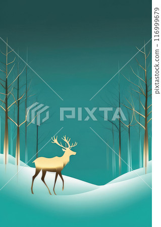 Vector abstract design template from Christmas background with raindeer winter forest, snow in turquoise and gold colors. 116999679