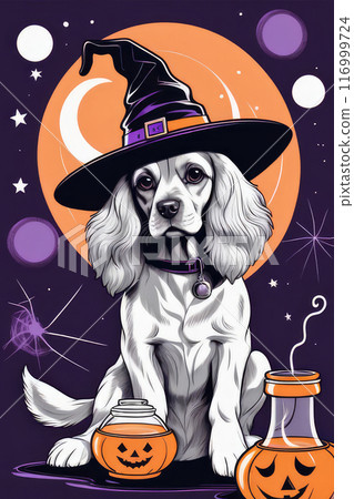 Enchanting cocker spaniel witch brewing a magical potion for Halloween. 116999724